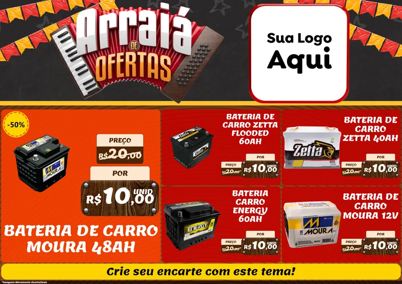 Modelo de Encarte para Encarte A4 Horizontal com o tema Arraiá de Ofertas - Junina para Baterias Elétricas
