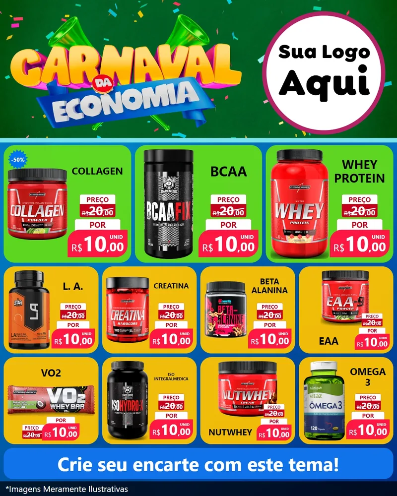 Modelo de Rede Social para Feed Instagram com o tema Carnaval da Economia para Suplementos alimentares