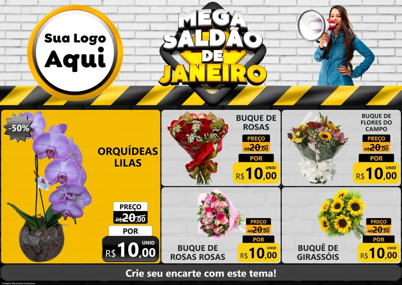 Modelo de Encarte para Encarte A4 Horizontal com o tema Mega Saldão de Janeiro para Floricultura e jardim