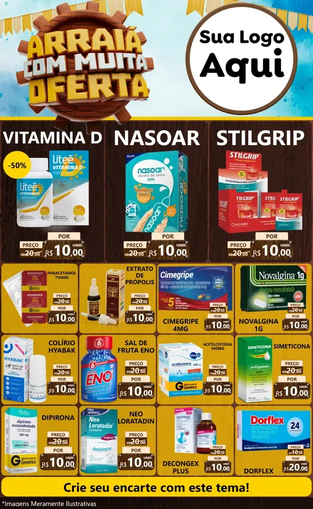 Modelo de Encarte para Encarte Grande com o tema Ofertas de São João - Junina para Farmácia