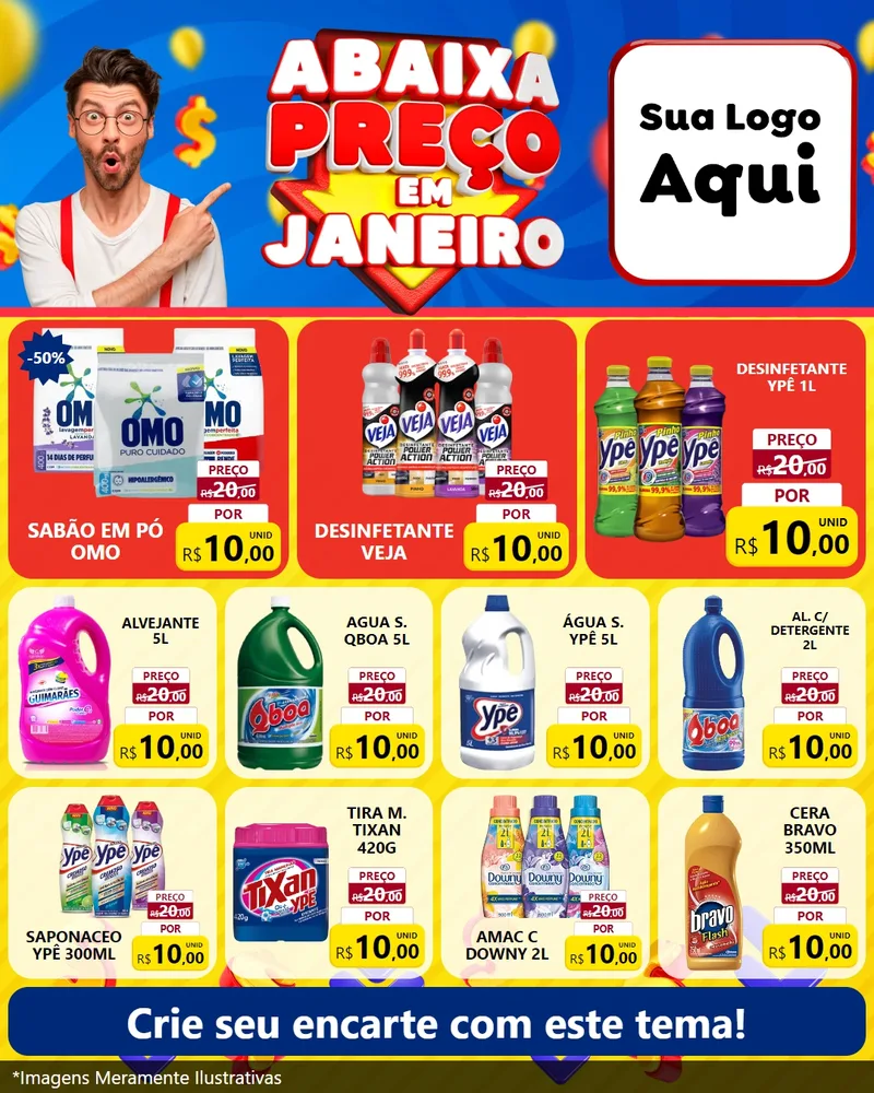 Modelo de Rede Social para Feed Instagram com o tema Abaixa Preço em Janeiro para Produtos de Limpeza