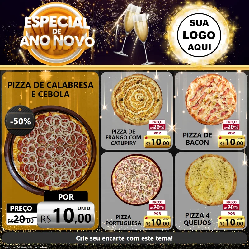 Modelo de Rede Social para Feed Facebook com o tema Especial de Ano Novo para Pizzaria