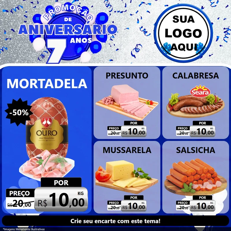 Modelo de Rede Social para Feed Facebook com o tema Promoção de Aniversário - 7 Anos para Frios e Laticínios