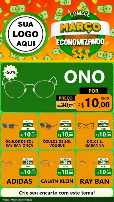 Modelo de Rede Social para Stories com o tema Comece Março Economizando para Óticas