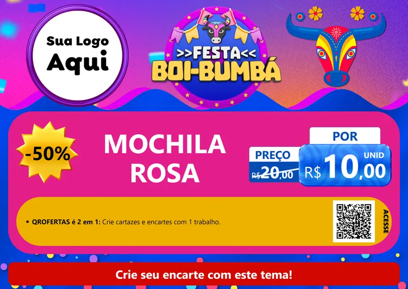 Modelo de Cartaz para Cartaz A4 Horizontal com o tema Festa Boi-Bumbá para Papelaria