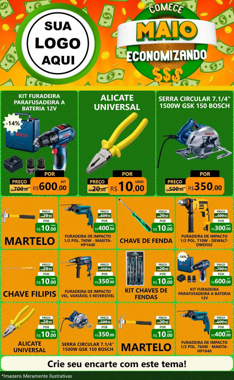 Modelo de Encarte para Encarte Grande com o tema Comece Maio Economizando para Maquinas e Ferramentas