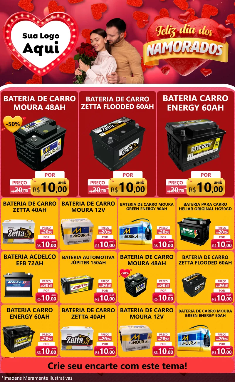 Modelo de Encarte para Encarte Grande com o tema Feliz Dia Dos Namorados para Baterias Elétricas