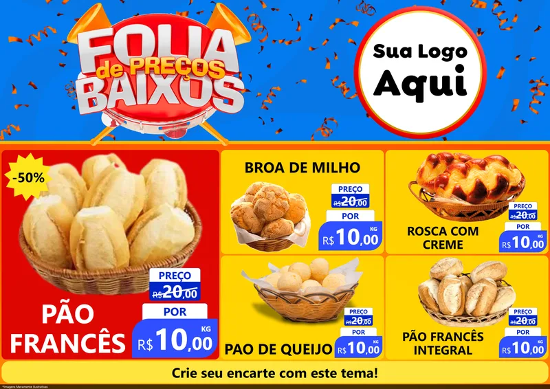 Modelo de Encarte para Encarte A4 Horizontal com o tema Folia de Preços Baixos para Padaria