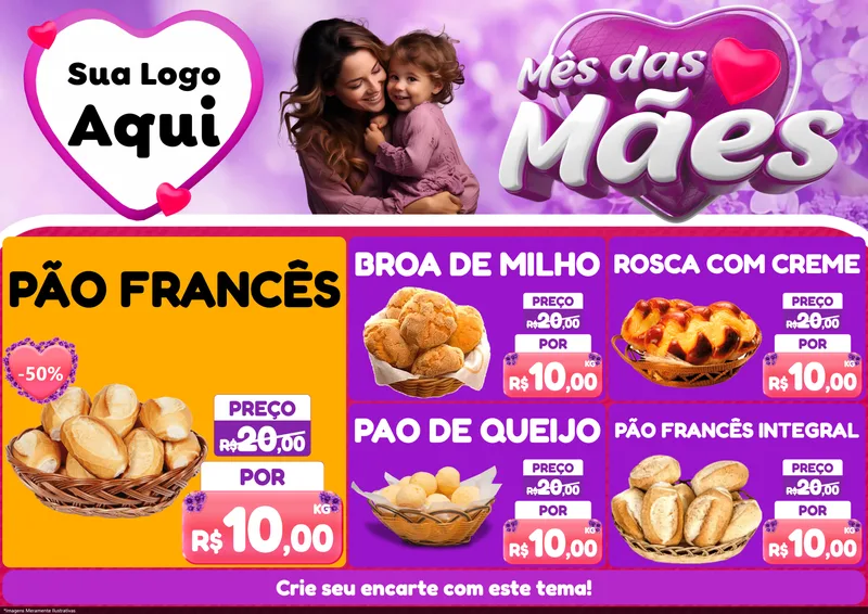 Modelo de Encarte para Encarte A4 Horizontal com o tema Mês das Mães para Padaria