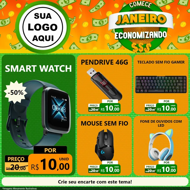 Modelo de Rede Social para Feed Facebook com o tema Comece Janeiro Economizando para Informática