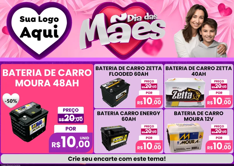 Modelo de Encarte para Encarte A4 Horizontal com o tema Dia das Mães para Baterias Elétricas