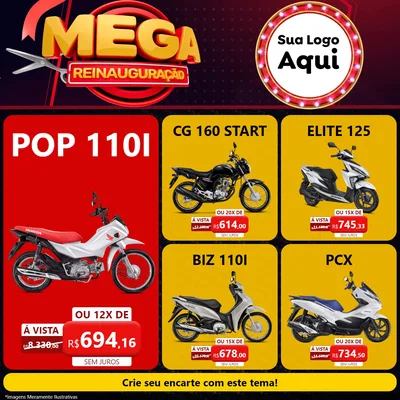 Modelo de Rede Social para Feed Facebook com o tema Mega Reinauguração para Concessionaria de Motos