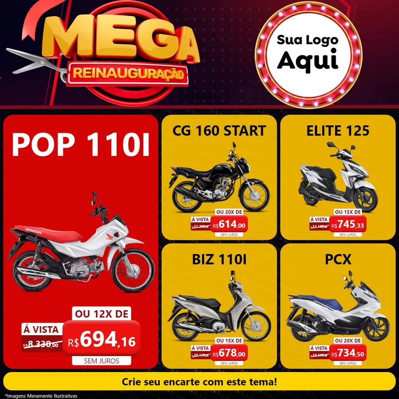 Modelo de Rede Social para Feed Facebook com o tema Mega Reinauguração para Concessionaria de Motos