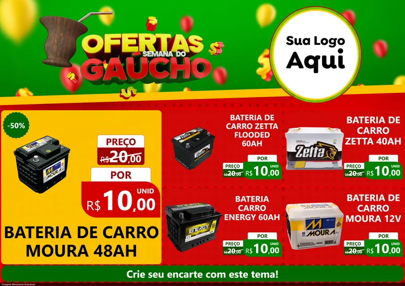 Modelo de Encarte para Encarte A4 Horizontal com o tema Ofertas Semana Do Gaúcho para Baterias Elétricas