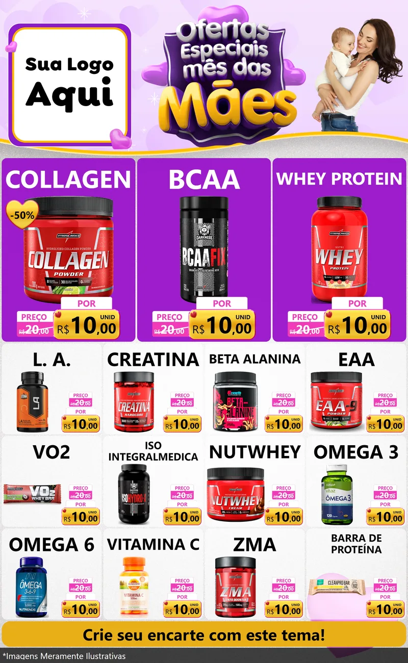 Modelo de Encarte para Encarte Grande com o tema Ofertas Especiais - Mês das Mães para Suplementos alimentares