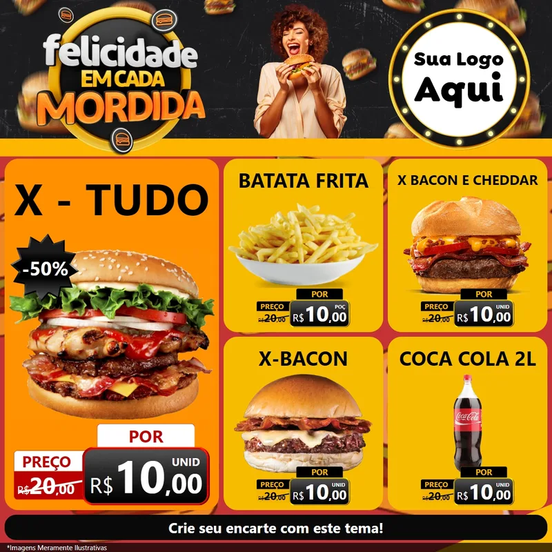 Modelo de Rede Social para Feed Facebook com o tema Felicidade Em Cada Mordida para Hamburgueria