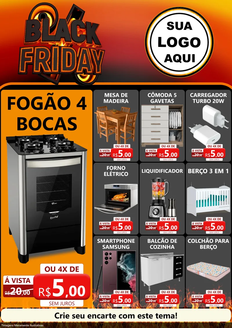 Modelo de Encarte para Encarte A4 Vertical com o tema Black Friday para Móveis e Eletro
