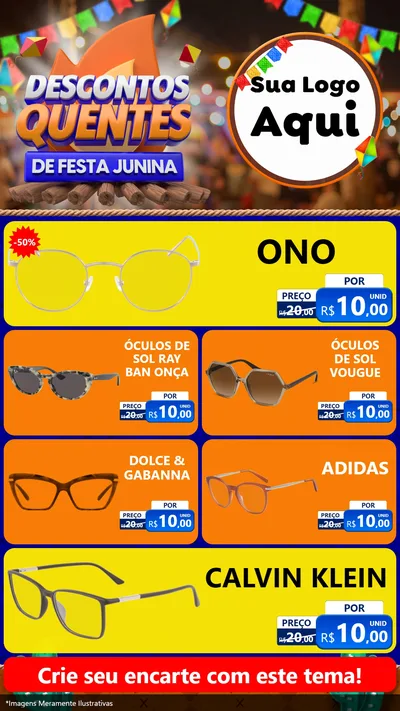 Modelo de TV para TV Vertical com o tema Descontos Quentes de Festa Junina para Óticas