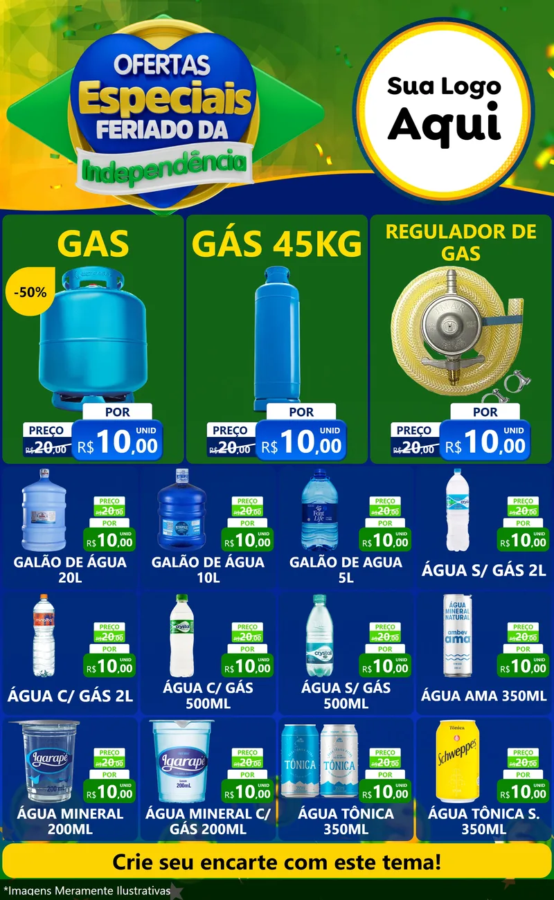 Modelo de Encarte para Encarte Grande com o tema Ofertas Especiais Feriado da Independência para Água e gás