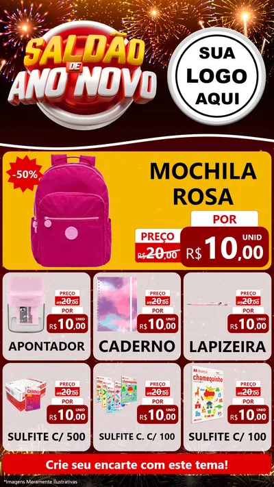 Modelo de Rede Social para Stories com o tema Saldão de Ano Novo para Papelaria