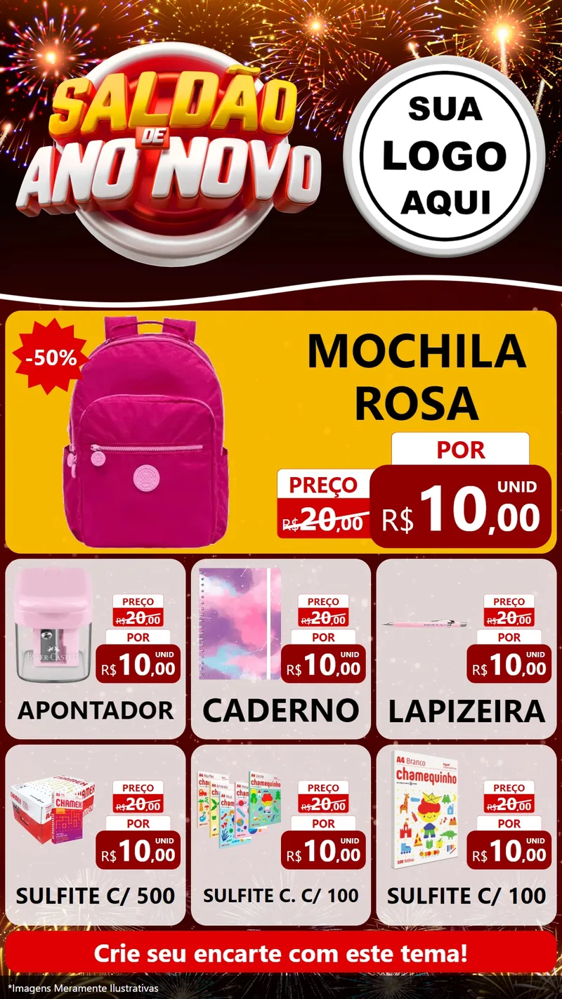 Modelo de Rede Social para Stories com o tema Saldão de Ano Novo para Papelaria