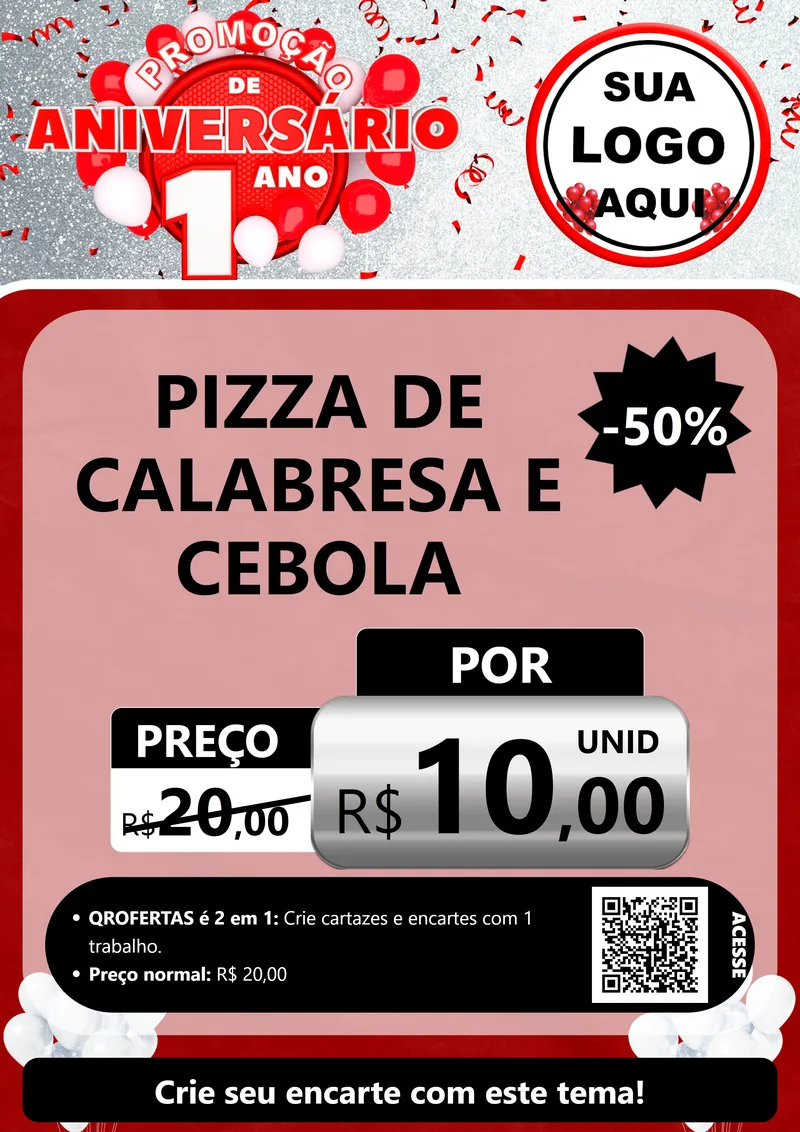 Modelo de Cartaz para Cartaz A4 Vertical com o tema Promoção de Aniversário - 1 Ano para Pizzaria