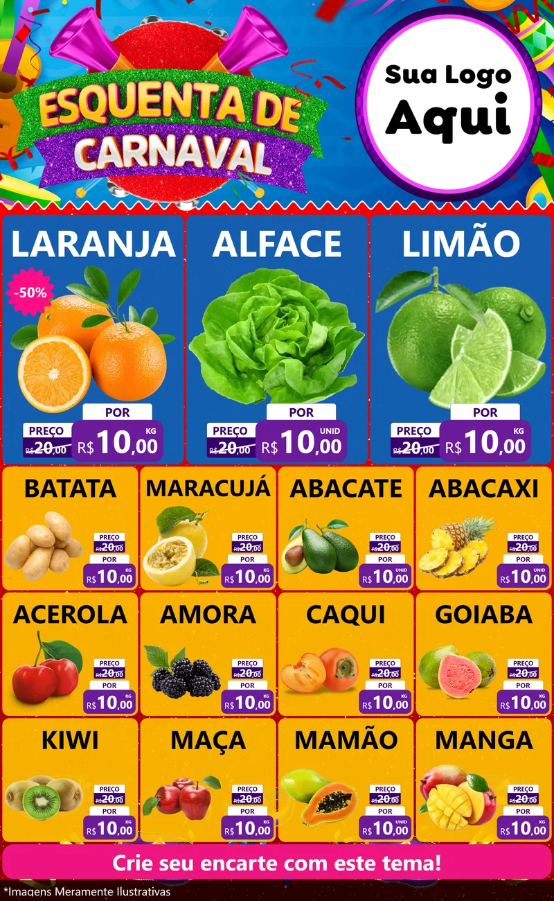 Modelo de Encarte para Encarte Grande com o tema Esquenta de Carnaval para Hortifrúti