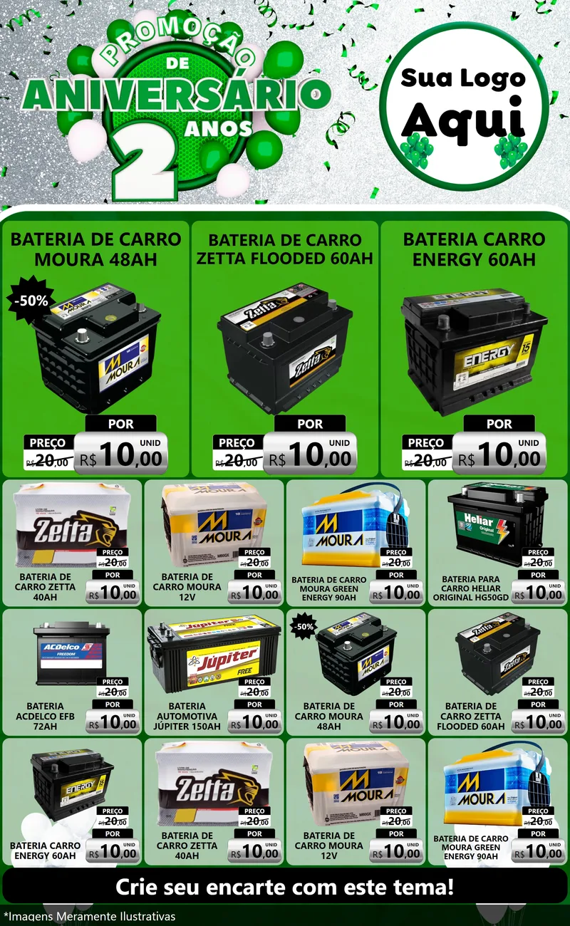Modelo de Encarte para Encarte Grande com o tema Promoção de Aniversário - 2 Anos para Baterias Elétricas