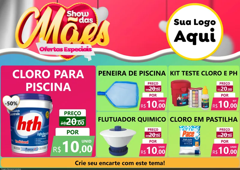 Modelo de Encarte para Encarte A4 Horizontal com o tema Show das Mães - Ofertas Especiais para Produtos para Piscina