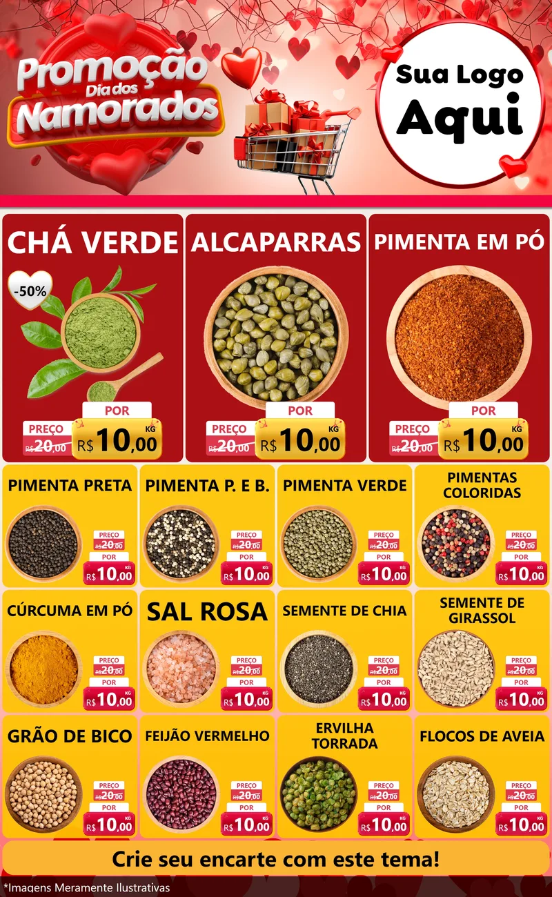 Modelo de Encarte para Encarte Grande com o tema Promoção Dia dos Namorados para Produtos Naturais