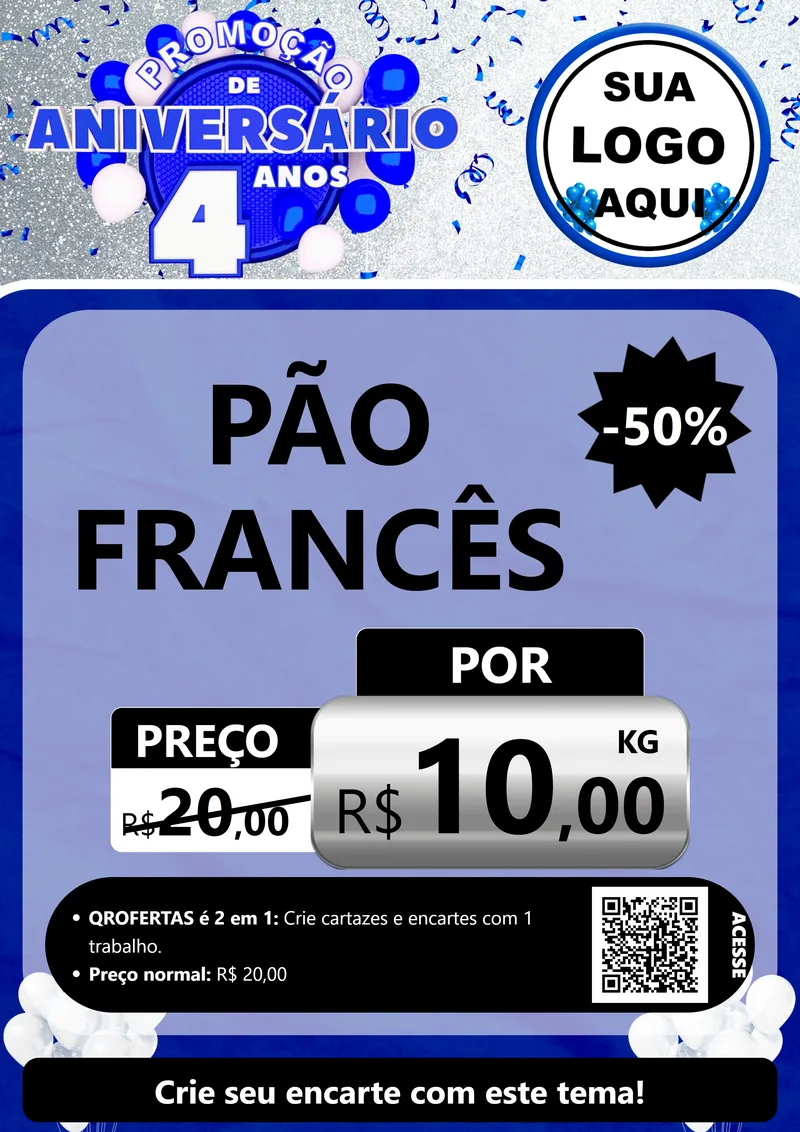 Modelo de Cartaz para Cartaz A4 Vertical com o tema Promoção de Aniversário - 4 Anos para Padaria