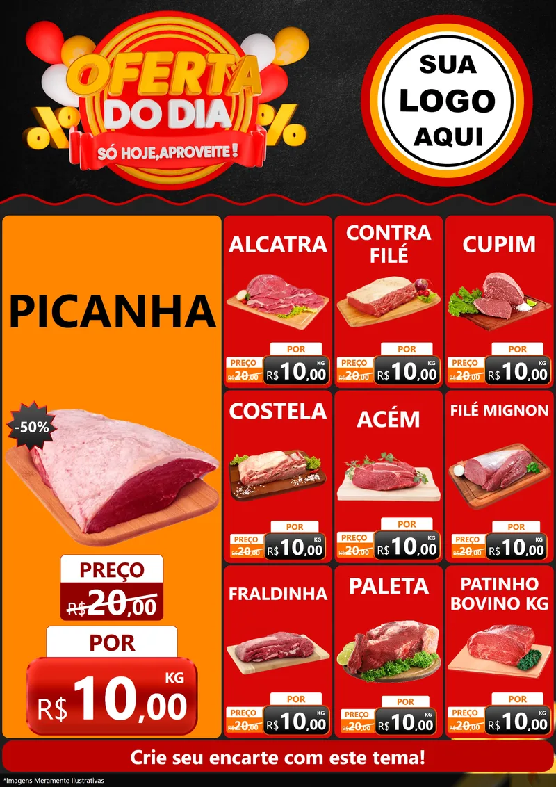 Modelo de Encarte para Encarte A4 Vertical com o tema Oferta do Dia - Só hoje, Aproveite! para Açougue