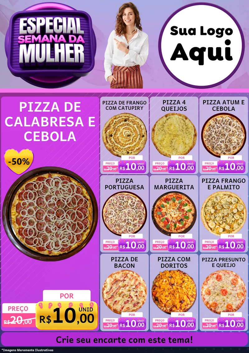 Modelo de Encarte para Encarte A4 Vertical com o tema Especial Semana da Mulher para Pizzaria