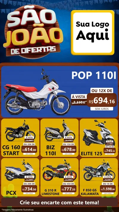 Modelo de Rede Social para Stories com o tema São João Ofertas Imbatíveis! - Junina para Concessionaria de Motos