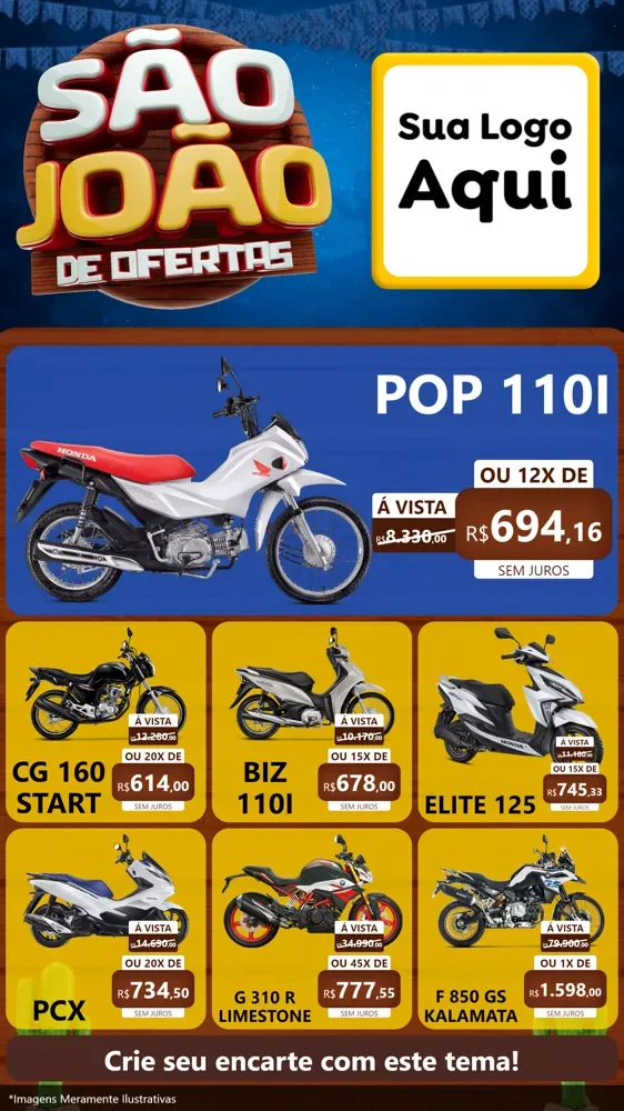 Modelo de Rede Social para Stories com o tema São João Ofertas Imbatíveis! - Junina para Concessionaria de Motos