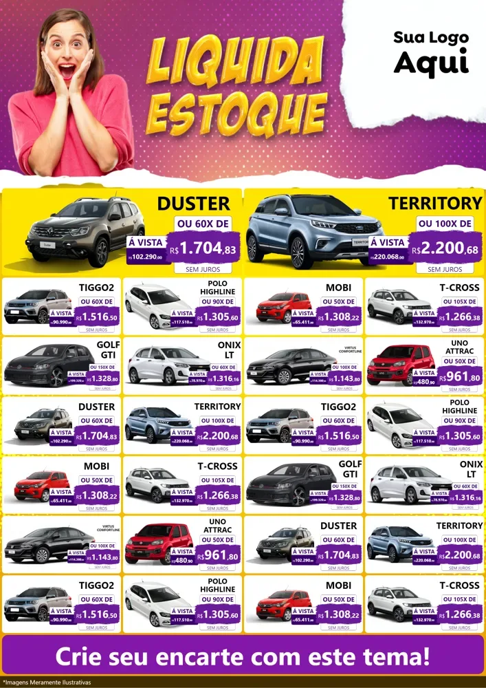 Modelo de Encarte para Encarte A4 Vertical com o tema Liquida estoque para Concessionaria de Carros