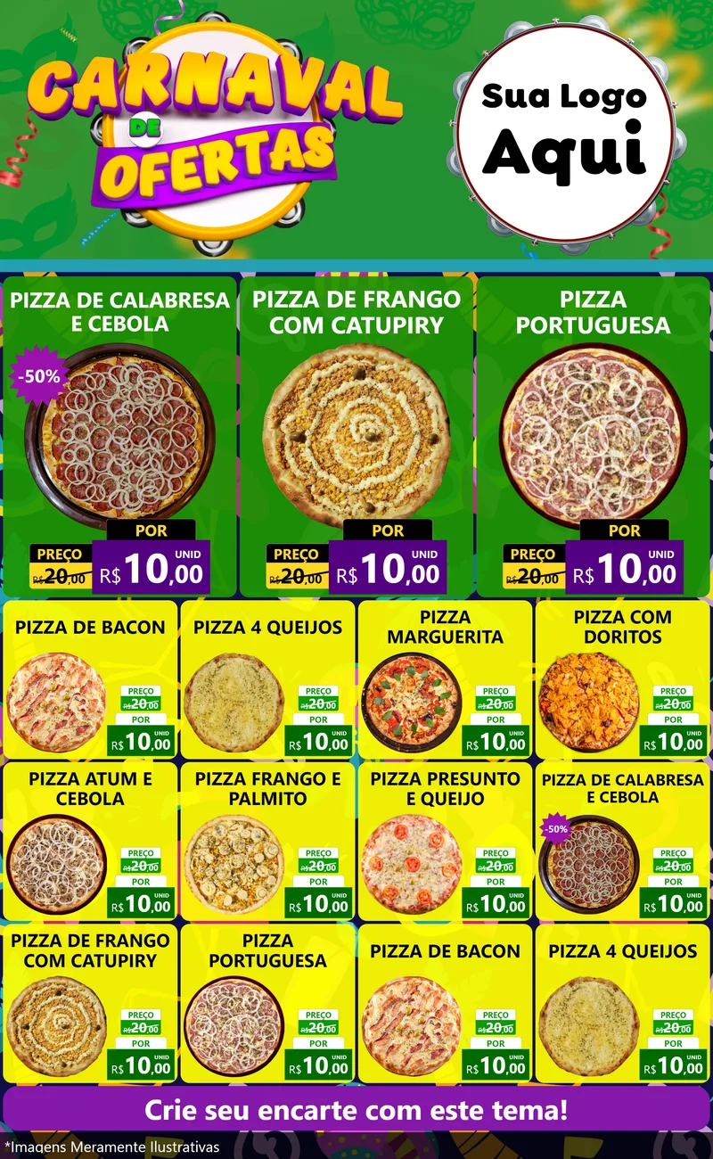 Modelo de Encarte para Encarte Grande com o tema Carnaval de Ofertas para Pizzaria