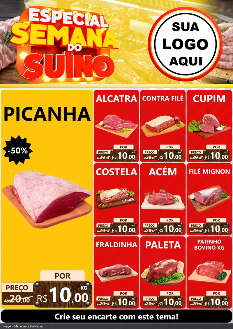 Modelo de Encarte para Encarte A4 Vertical com o tema Especial Semana do Suíno para Açougue