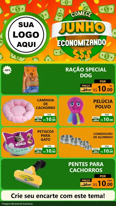 Modelo de TV para TV Vertical com o tema Comece Junho Economizando para Pet Shop