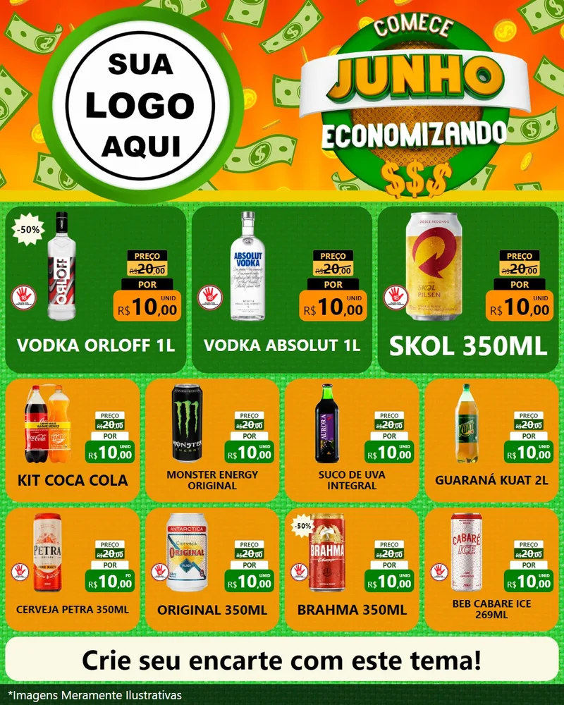 Modelo de Rede Social para Feed Instagram com o tema Comece Junho Economizando para Distribuidora de bebidas