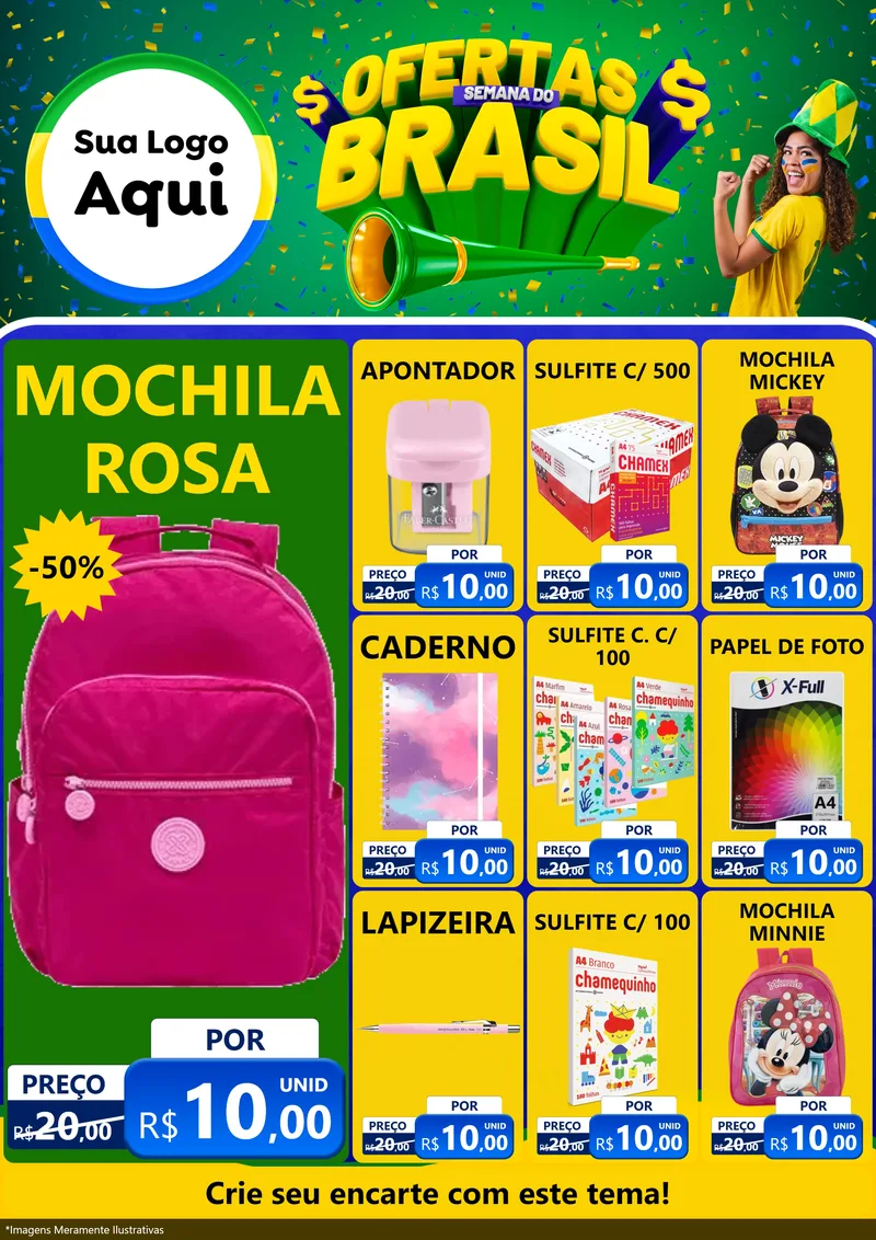 Modelo de Encarte para Encarte A4 Vertical com o tema Ofertas Semana do Brasil para Papelaria