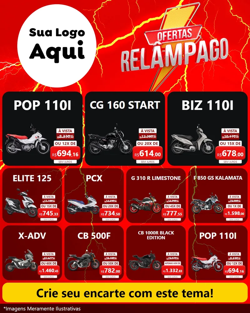 Modelo de Rede Social para Feed Instagram com o tema Ofertas Relâmpago para Concessionaria de Motos