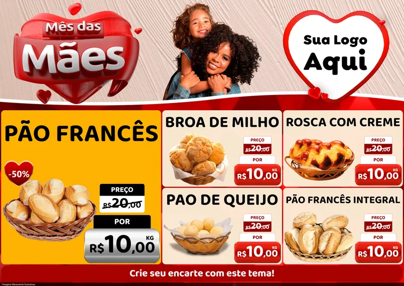Modelo de Encarte para Encarte A4 Horizontal com o tema Mês das Mães para Padaria