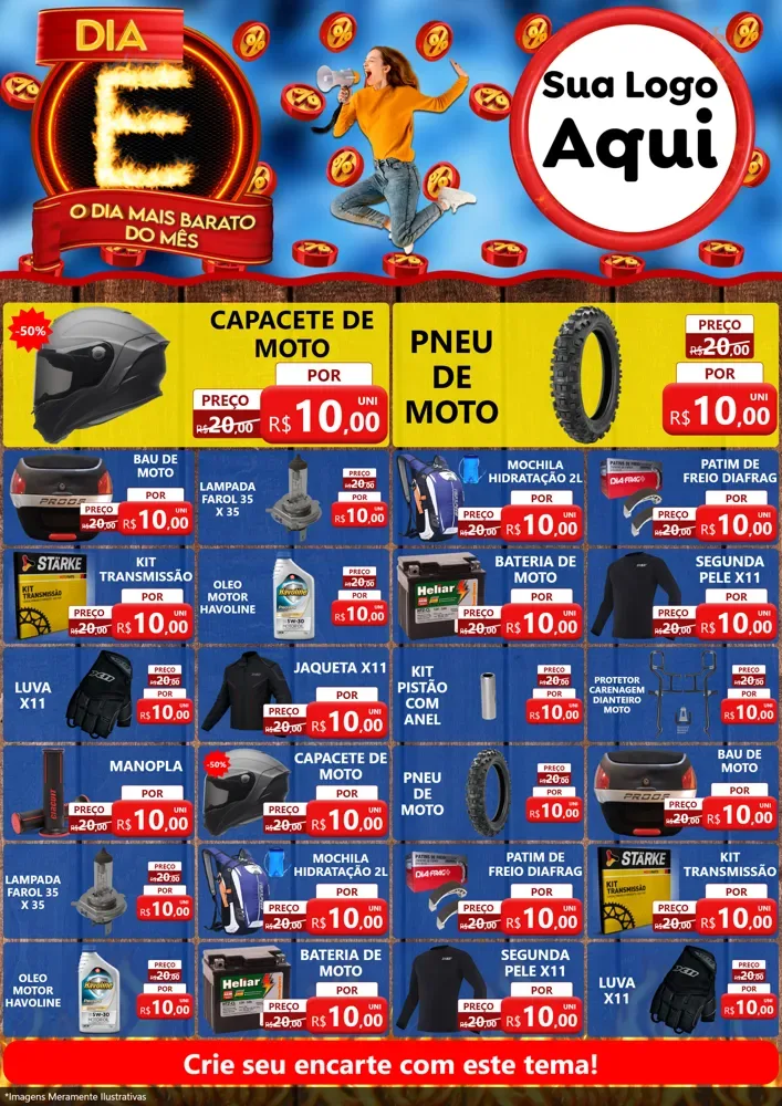 Modelo de Encarte para Encarte A4 Vertical com o tema Dia E - O Dia Mais Barato Do Mês para Moto peças