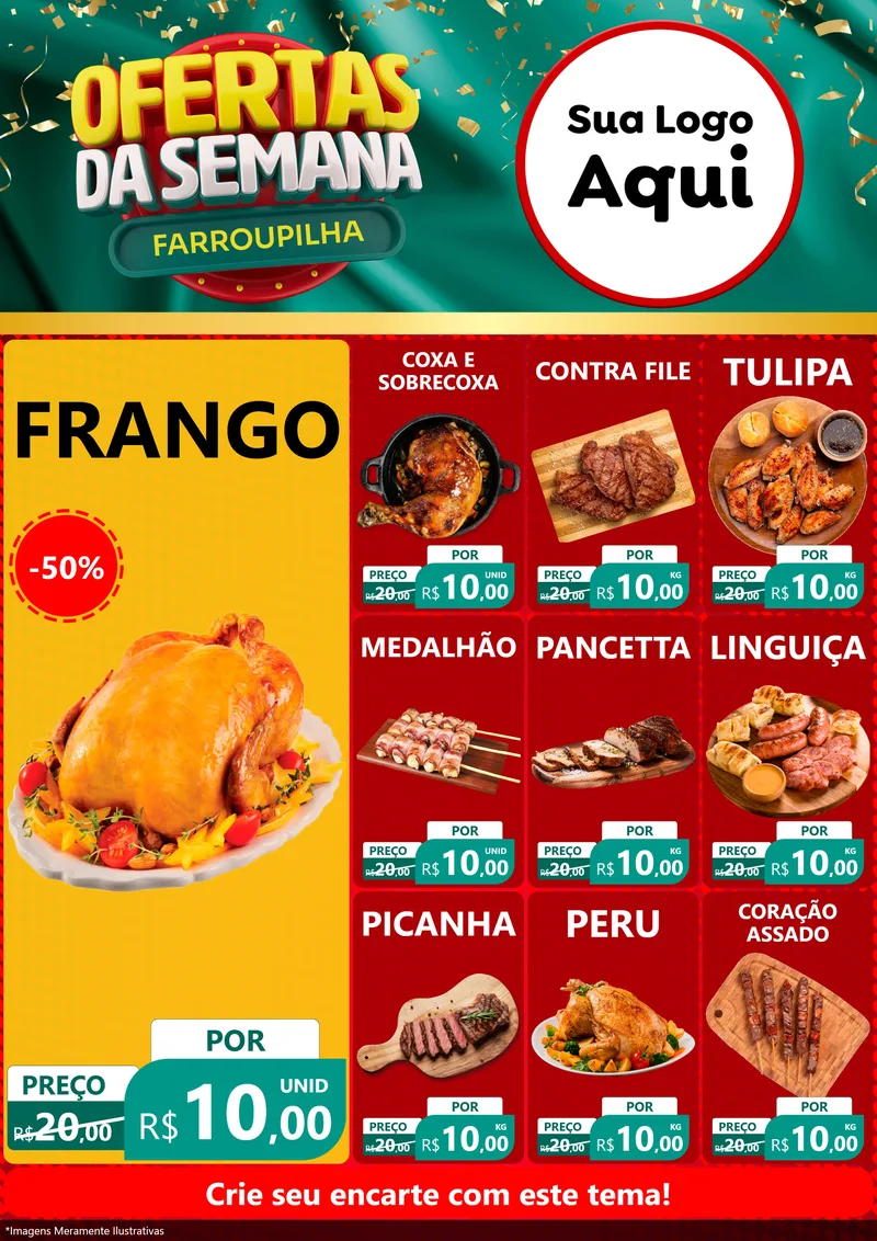 Modelo de Encarte para Encarte A4 Vertical com o tema Ofertas da Semana Farroupilha para Assados