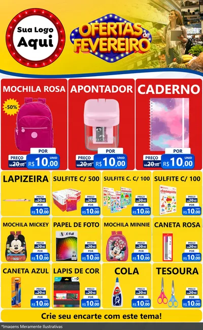Modelo de Encarte para Encarte Grande com o tema Ofertas de Fevereiro para Papelaria
