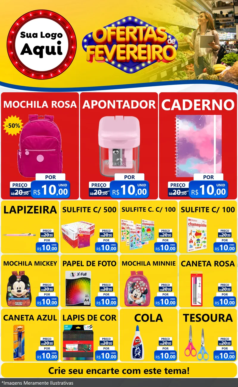 Modelo de Encarte para Encarte Grande com o tema Ofertas de Fevereiro para Papelaria