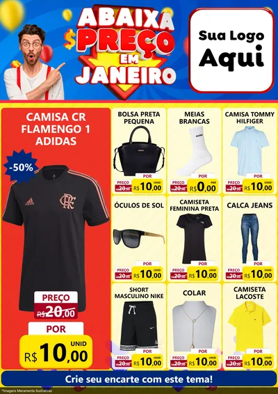 Modelo de Encarte para Encarte A4 Vertical com o tema Abaixa Preço em Janeiro para Roupas e acessórios