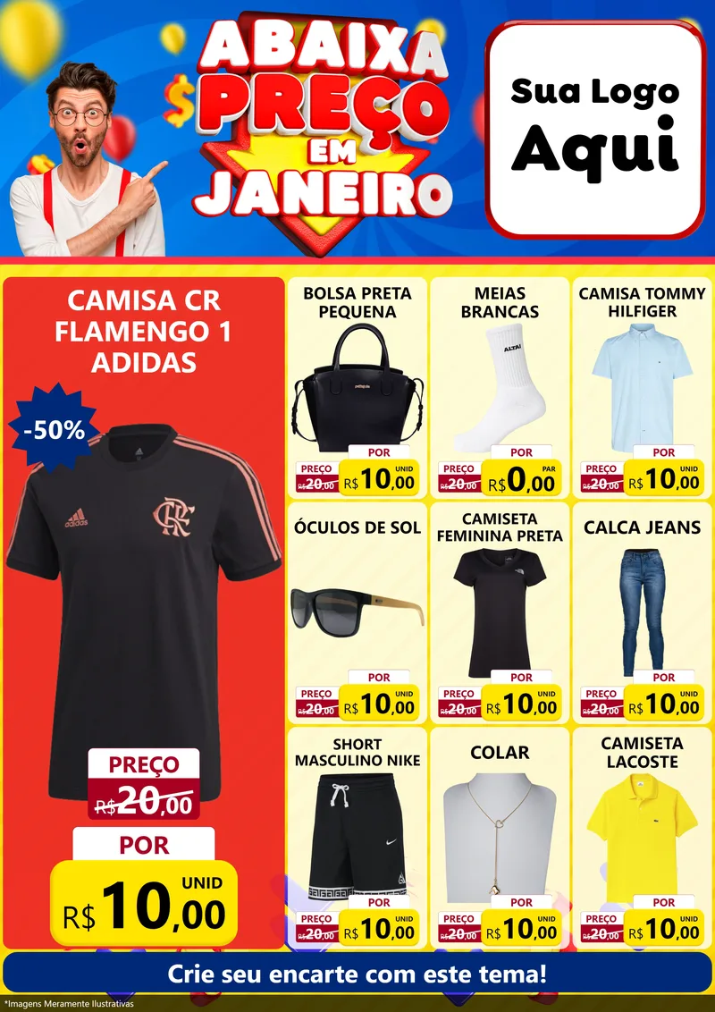 Modelo de Encarte para Encarte A4 Vertical com o tema Abaixa Preço em Janeiro para Roupas e acessórios