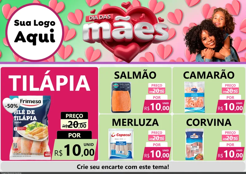 Modelo de Encarte para Encarte A4 Horizontal com o tema Dia das Mães para Peixaria